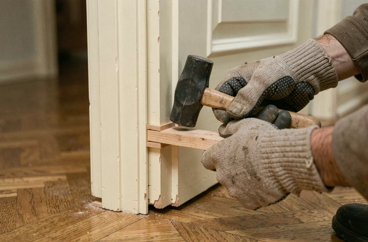 Gros plan sur le calage d'une porte intérieure avec des cales en bois pour préserver le bâti existant