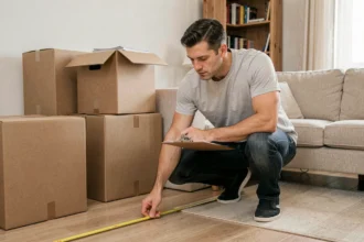 Homme mesurant le volume d'une pièce avec un mètre ruban pour préparer un devis de déménagement