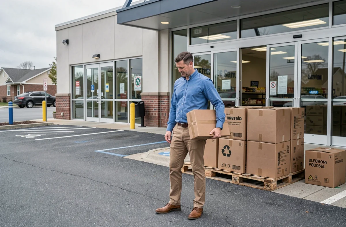 Homme récupérant des cartons plats gratuits devant un supermarché