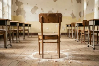Chaise en bois seule au centre d'une salle de classe vide aux murs abîmés, évoquant l'abandon et la mémoire des lieux