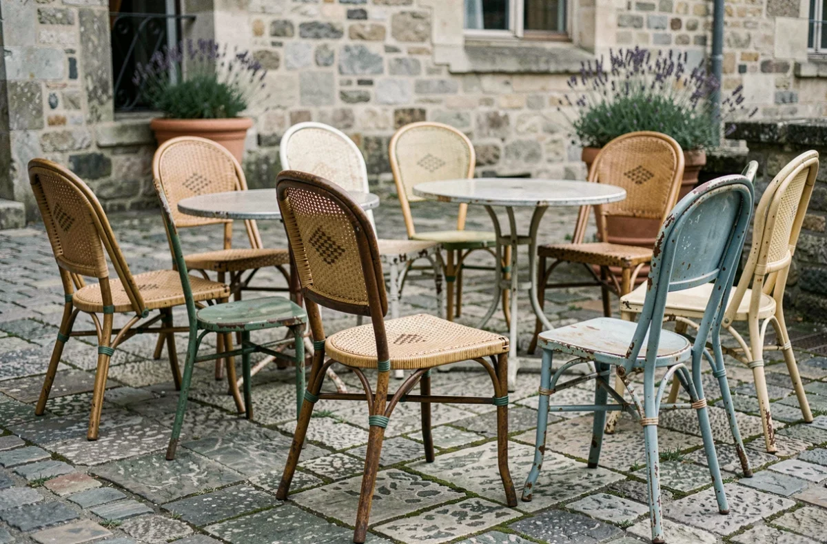 Chaises dépareillées disposées en cercle sur une terrasse en pierre d'un café de village français au petit matin, vides et silencieuses