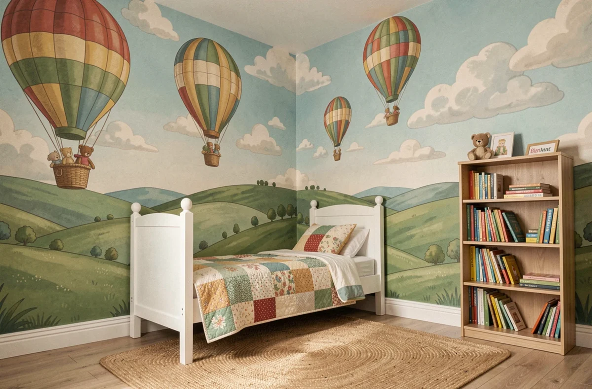 Chambre d'enfant avec papier peint panoramique montgolfières vintage sur collines verdoyantes, lit bois blanc et tapis en rotin