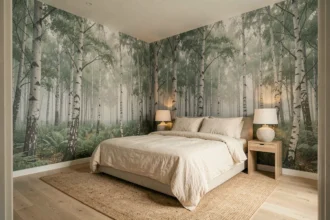 Chambre principale avec papier peint panoramique forêt de bouleaux enveloppant trois murs, lit en lin ivoire et parquet chêne clair