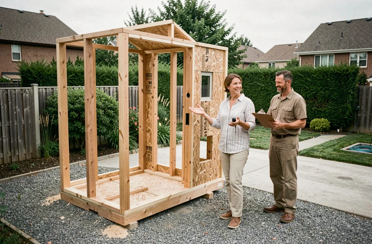 Femme propriétaire devant le chantier de construction d'une tiny house dans un jardin de banlieue résidentielle