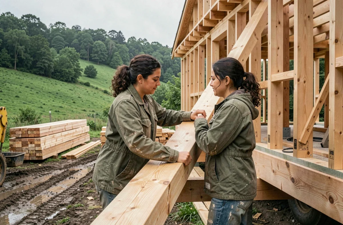 Ouvrière posant une poutre en bois massif sur un chantier de maison à ossature bois écologique
