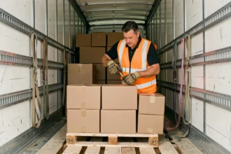 Chauffeur de camion organisant soigneusement des caisses dans la remorque pour optimiser le chargement et éviter la casse