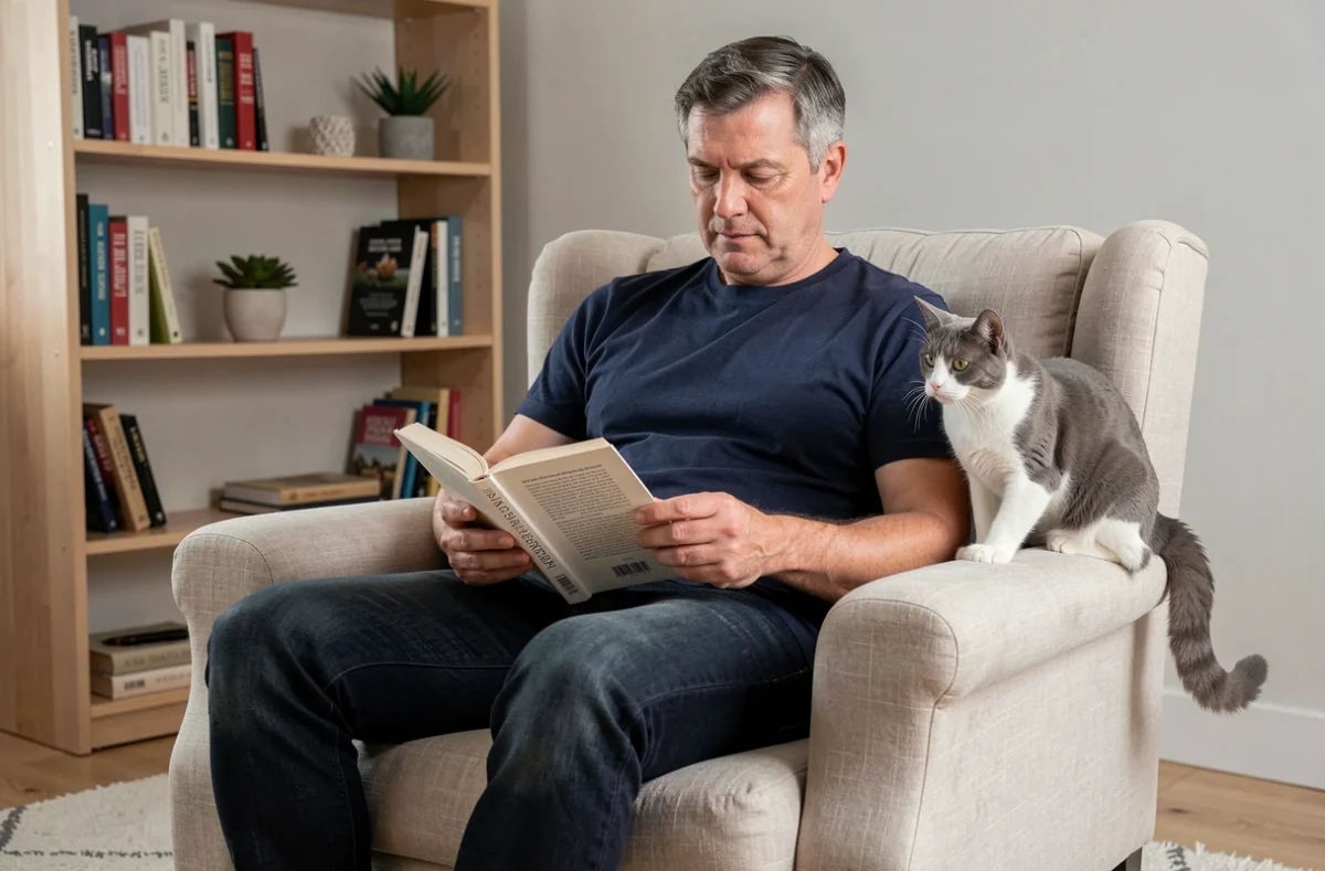 Homme lisant un livre dans un fauteuil pendant qu'un chat gris et blanc l'observe depuis l'accoudoir, illustrant l'apprivoisement progressif