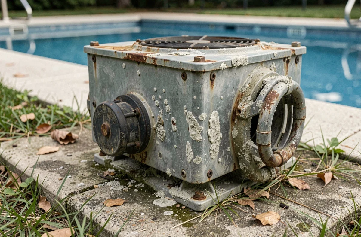 Chauffe-eau de piscine présentant des dépôts de calcaire et de la corrosion sur les tuyaux extérieurs