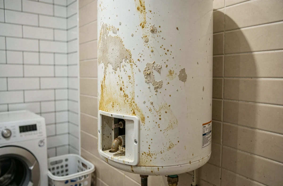 Chauffe-eau électrique vieillissant avec dépôts de calcaire et panneau de maintenance ouvert dans une salle de bain