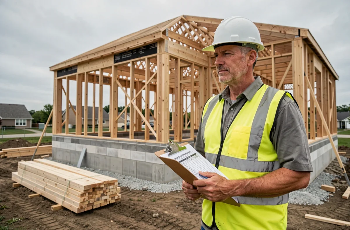 Chef de chantier devant la structure en bois d'une maison de 100m2 en cours de construction