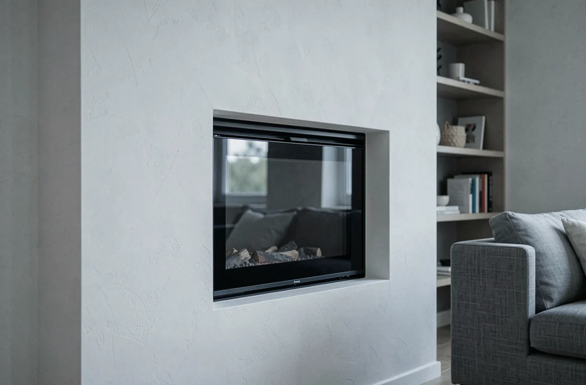 Cheminée électrique encastrée sans conduit dans un salon moderne et minimaliste aux murs blancs