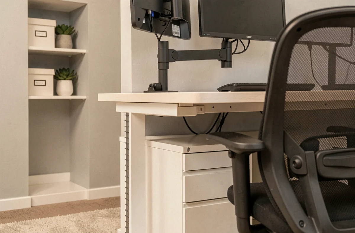 Gros plan d'un coin bureau ergonomique modulaire avec bras de moniteur double, pédestal de rangement et gestion de câbles intégrée