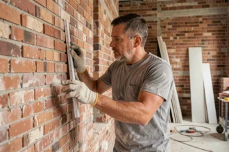 Ouvrier collant une plaque de plâtre directement sur un mur de brique dans un chantier de rénovation intérieure