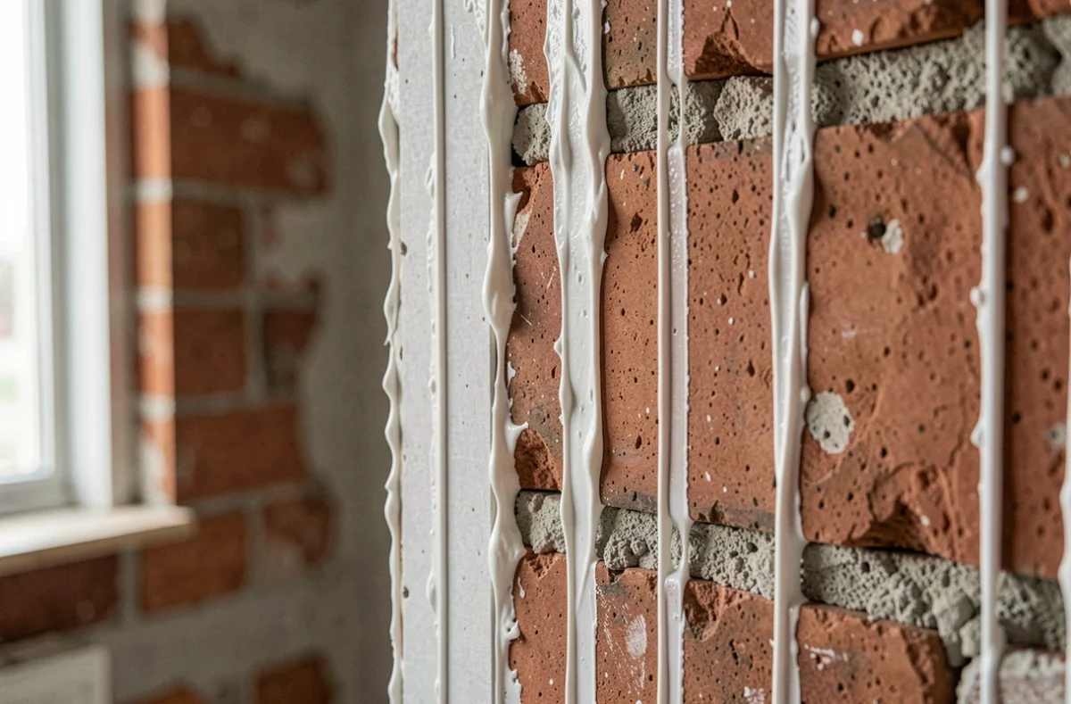 Gros plan de colle à plâtre appliquée sur le dos d'une plaque de plâtre posée contre un mur de brique