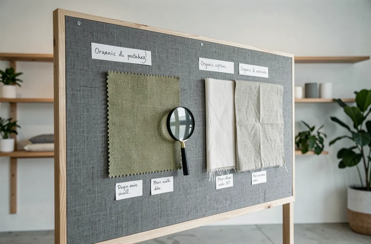 Comparaison de swatches de tissu chanvre, coton bio et lin sur un tableau d'exposition dans un showroom de matériaux durables
