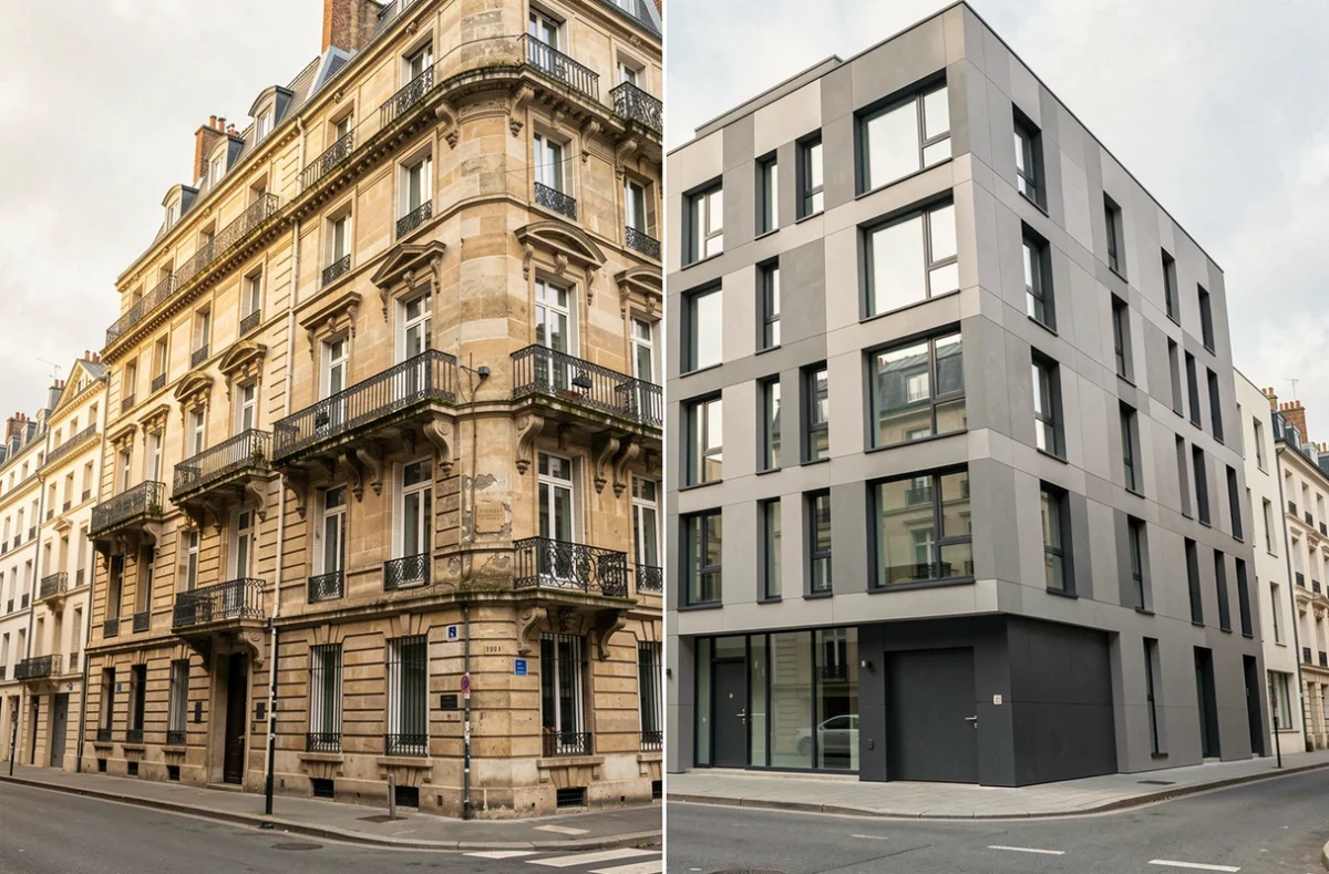 Comparaison architecturale entre un immeuble ancien haussmannien et une construction neuve moderne