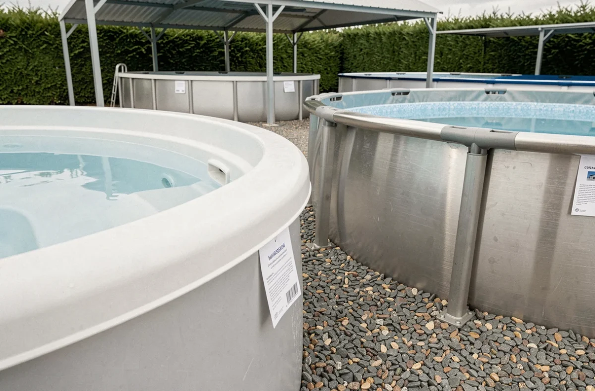 Comparaison côte à côte d'une coque de piscine en fibre de verre et d'une paroi en acier dans un showroom extérieur, pour illustrer la résistance des matériaux de piscine
