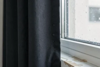 Condensation visible entre un rideau occultant et une fenêtre à double vitrage dans une chambre moderne