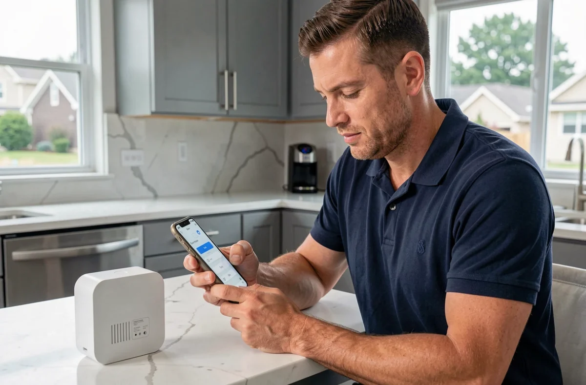 Homme configurant une alarme maison connectée via une application smartphone dans une cuisine moderne