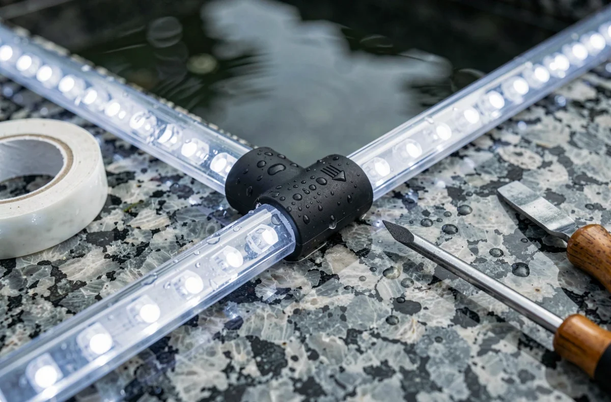 Gros plan sur un connecteur LED étanche installé sur la margelle en granit d'un bassin extérieur