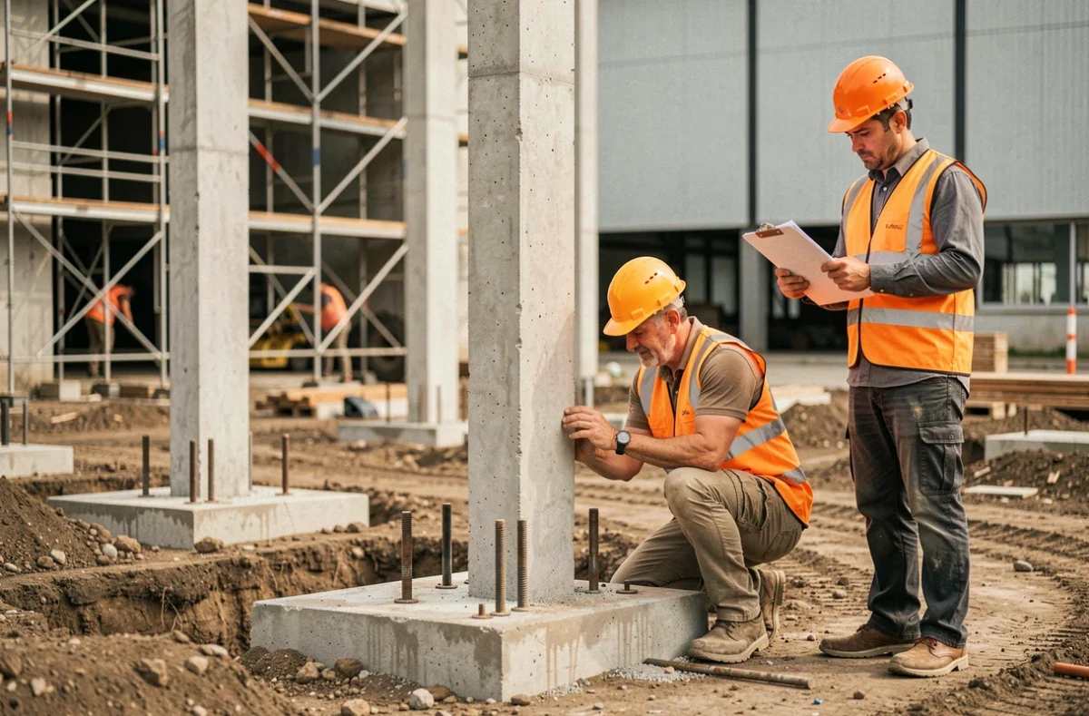 Ouvriers installant des pilotis en béton pour la construction d'un hangar industriel