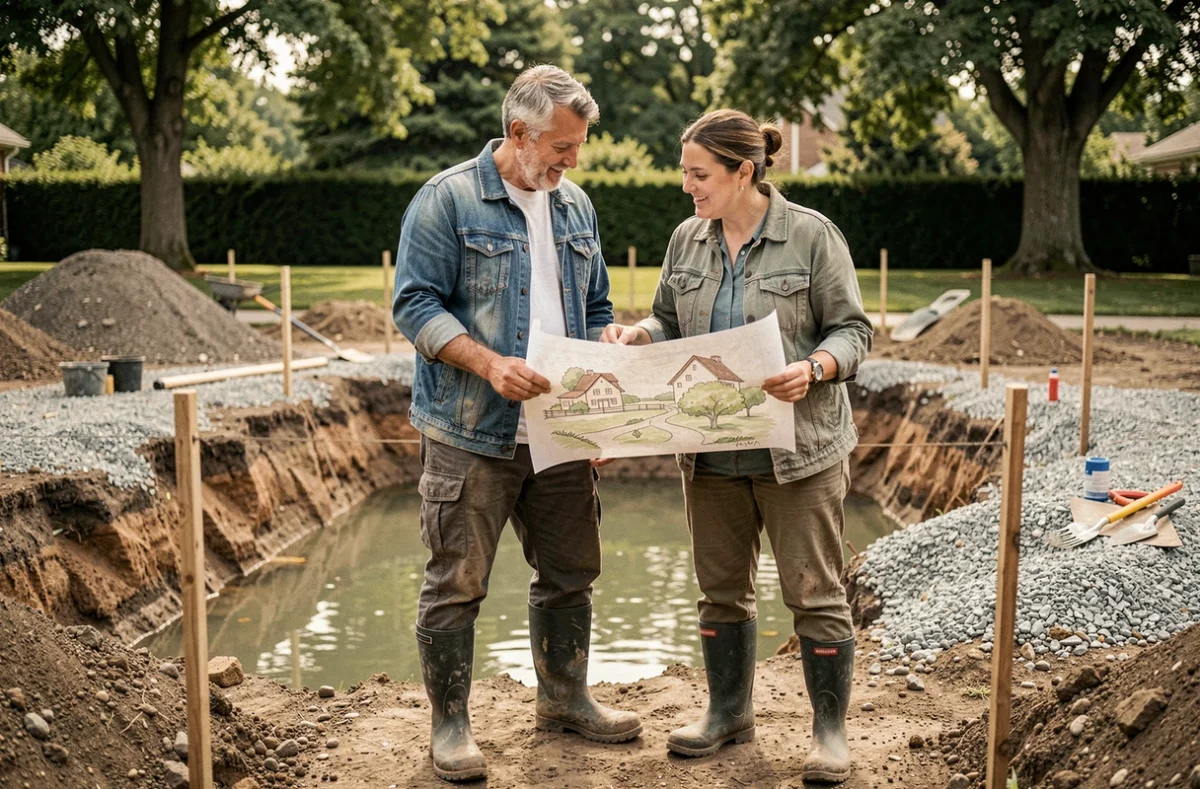 Couple étudiant les plans d'aménagement d'une piscine naturelle en cours de construction dans leur jardin