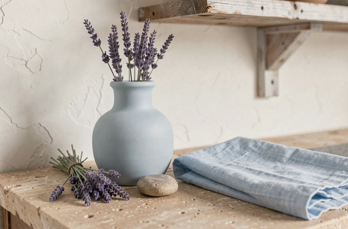 Nature morte apaisante avec vase en céramique bleu poudré, lavande séchée et tissu lin sur comptoir en pierre naturelle