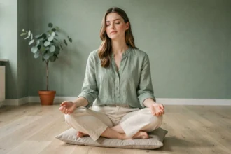 Femme assise en tenue vert sauge dans un intérieur minimaliste aux tons apaisants pour illustrer la couleur la plus relaxante