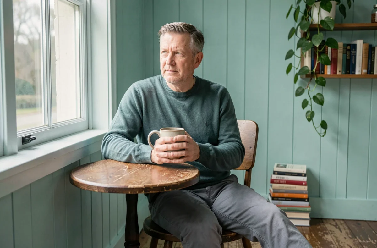 Homme en pull bleu sarcelle tenant une tasse dans un coin lecture aux murs aquamarine pour évoquer la couleur la plus apaisante