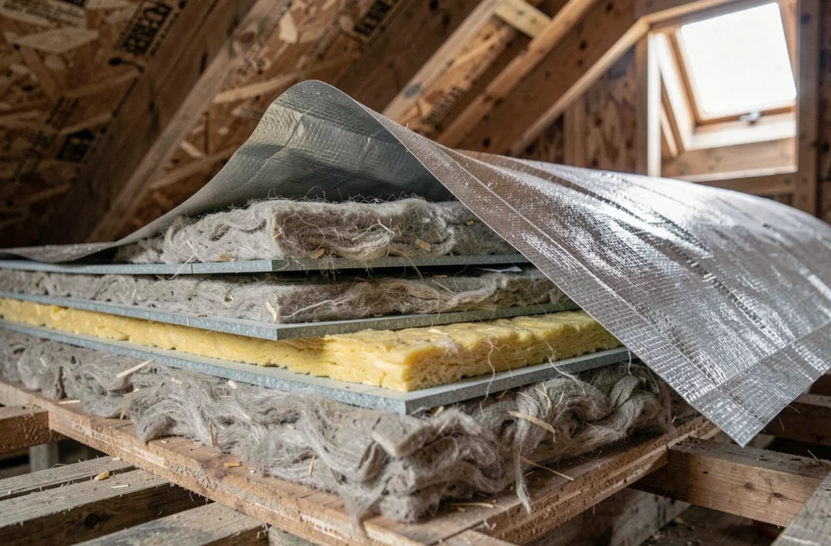 Coupe transversale montrant les différentes couches d'isolation thermique dans des combles aménagés
