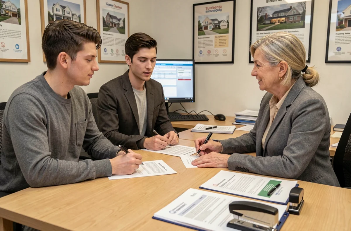 Couple et agent immobilier discutant les clauses d'un bail de location dans une agence immobilière