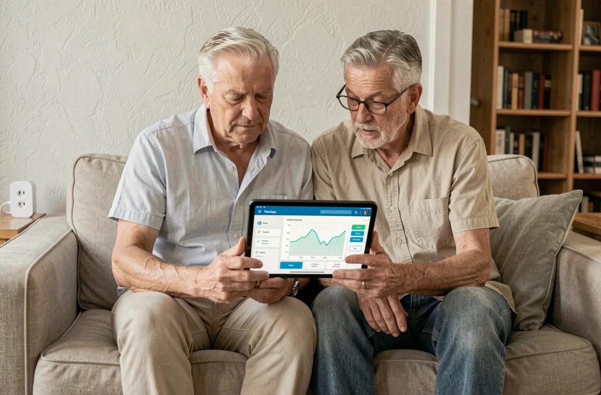 Couple utilisant une application domotique pour gérer des prises intelligentes connectées à la maison
