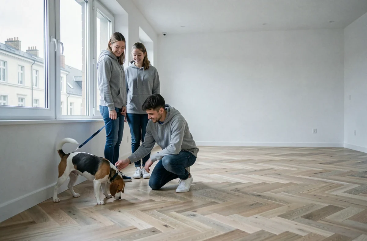 Jeune couple découvrant un appartement vide avec leur beagle en laisse, aidant l'animal à s'habituer au nouveau logement