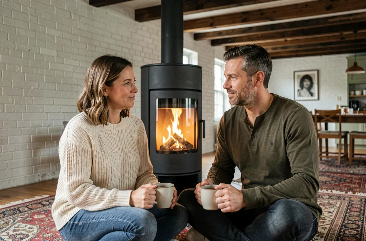 Couple assis devant un poêle à bois design dans un espace de vie chaleureux avec poutres apparentes et briques blanchies