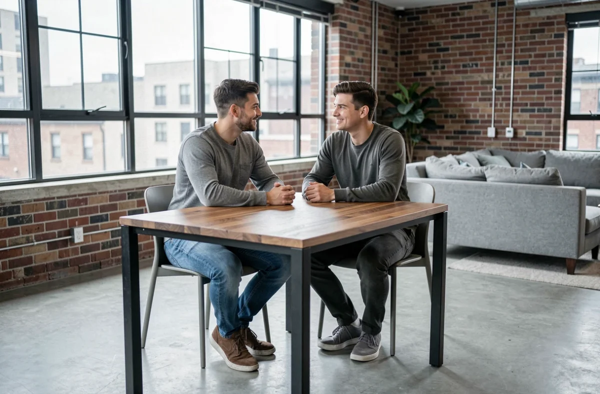 Couple assis confortablement à une table à manger moderne dans un appartement, illustrant la bonne hauteur de table
