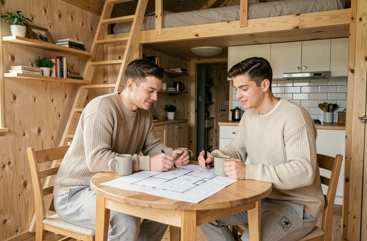 Couple planifiant l'aménagement intérieur d'une tiny house autour d'une table en bois avec des plans architecturaux