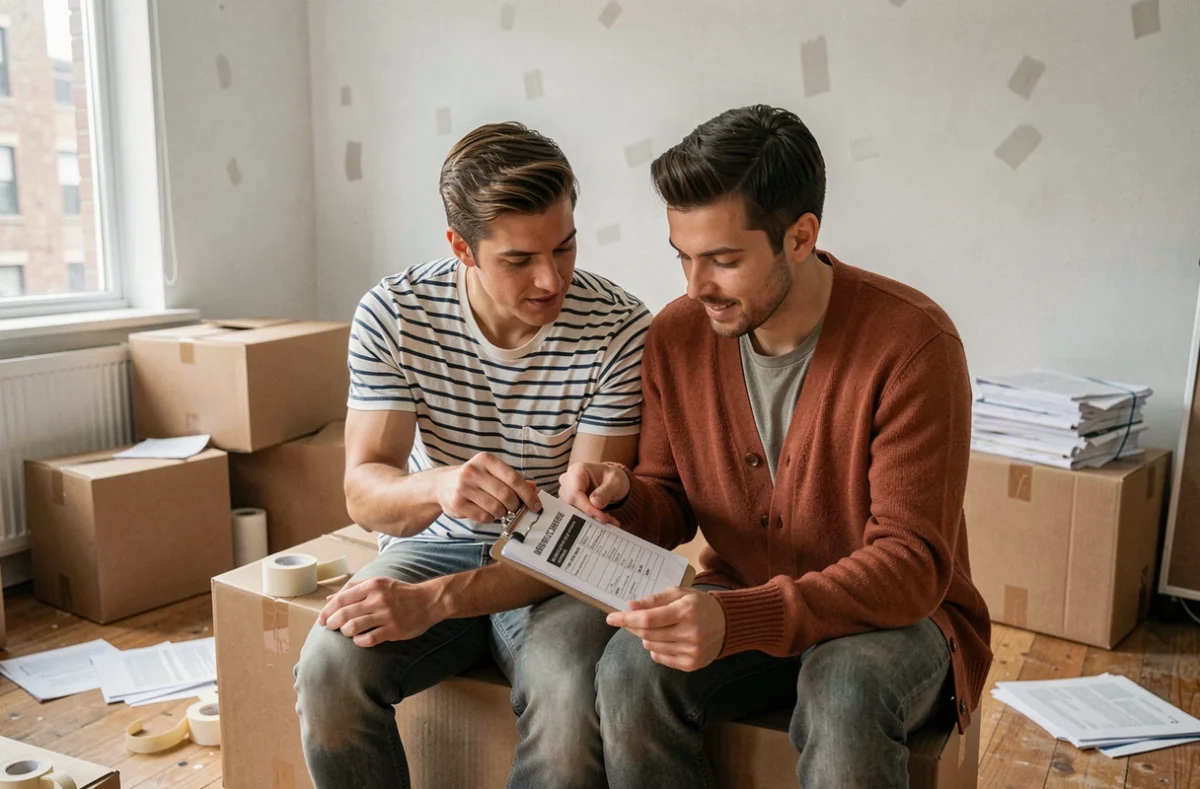 Couple consultant une liste de démarches administratives assis sur des cartons dans un appartement en cours de déménagement
