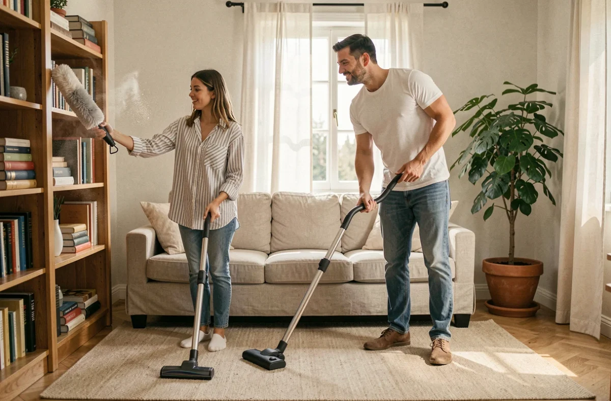Couple faisant le ménage ensemble dans le salon, passant l'aspirateur et époussetant les étagères