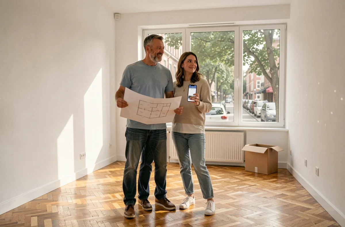 Couple découvrant leur nouvel appartement vide avec un plan et une application de déménagement