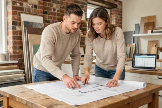 Couple étudiant les plans de construction d'une maison de 100m2 avec un budget estimatif sur ordinateur