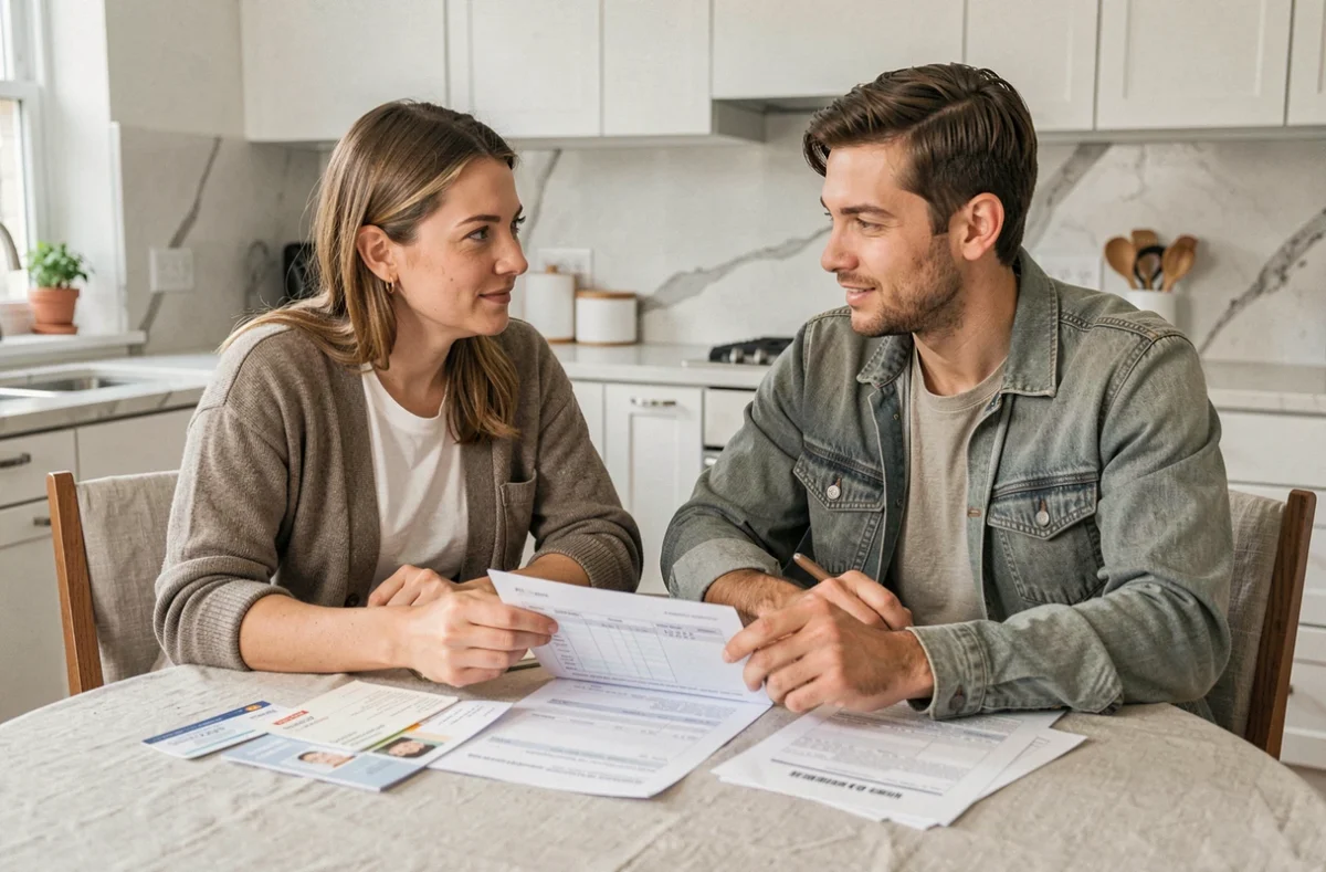 Couple préparant ensemble un dossier de location à table dans une cuisine moderne