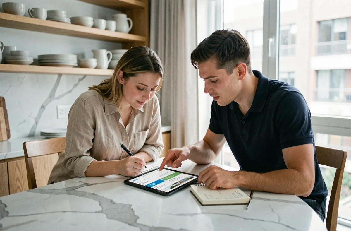 Couple consultant des annonces immobilières sur tablette pour préparer une négociation d'achat