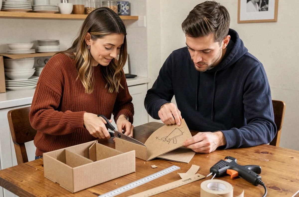 Couple transformant des cartons de déménagement en organisateurs de rangement faits maison dans une cuisine