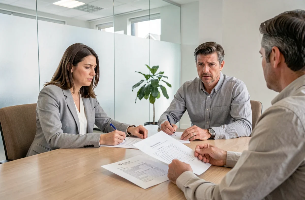 Couple signant un compromis de vente immobilière avec un notaire autour d'une table de réunion moderne