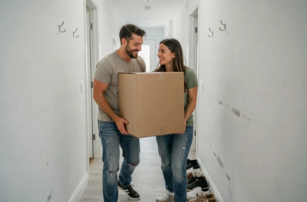 Couple portant un meuble en kit dans le couloir de leur nouveau logement