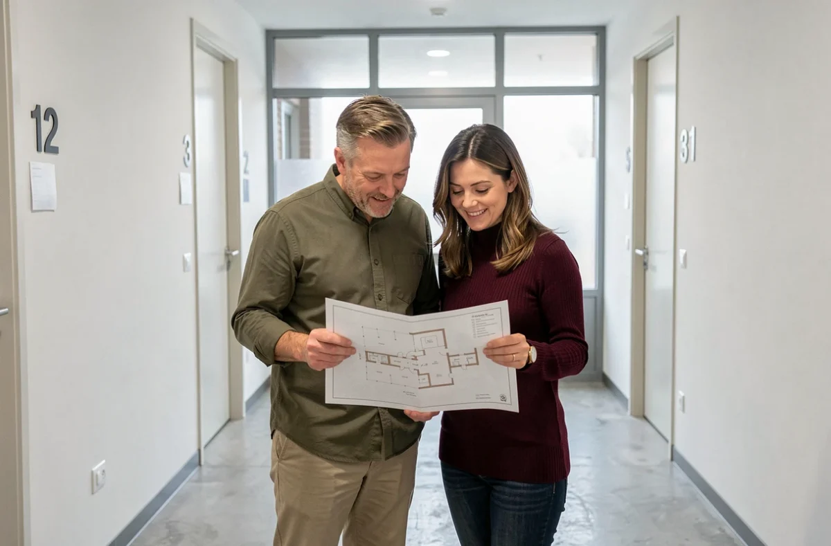Couple étudiant un plan d'appartement dans le couloir d'une copropriété moderne lors d'une visite immobilière