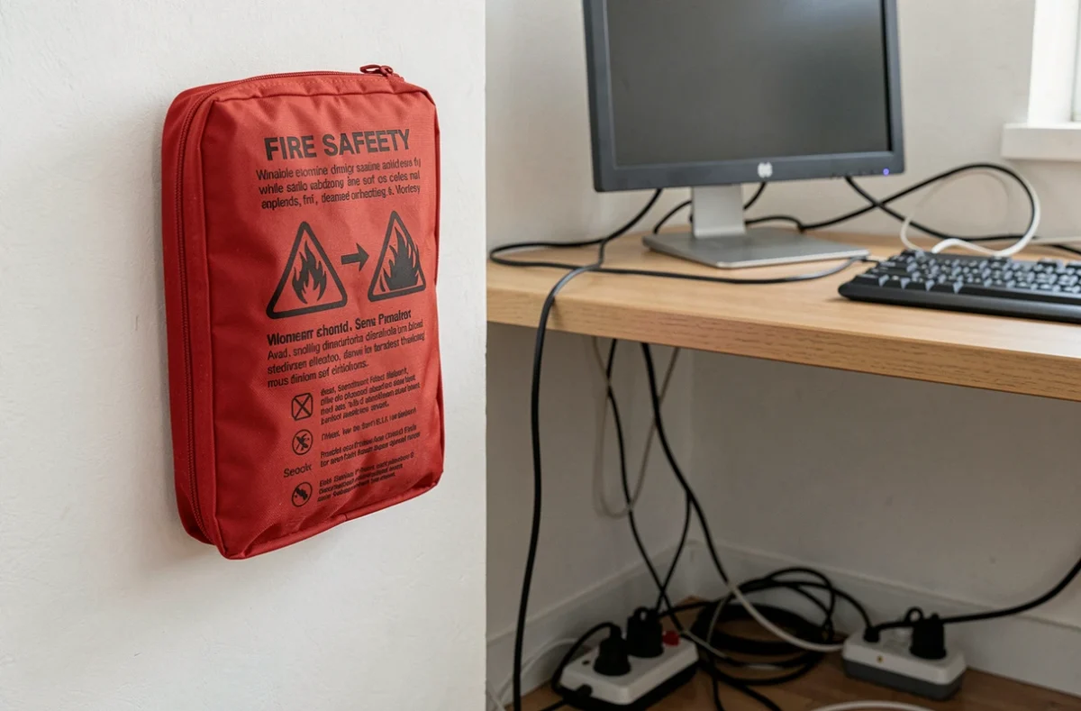 Couverture anti-feu installée près d'un bureau avec équipements électriques