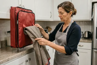 Femme utilisant une couverture anti-feu dans une cuisine résidentielle moderne