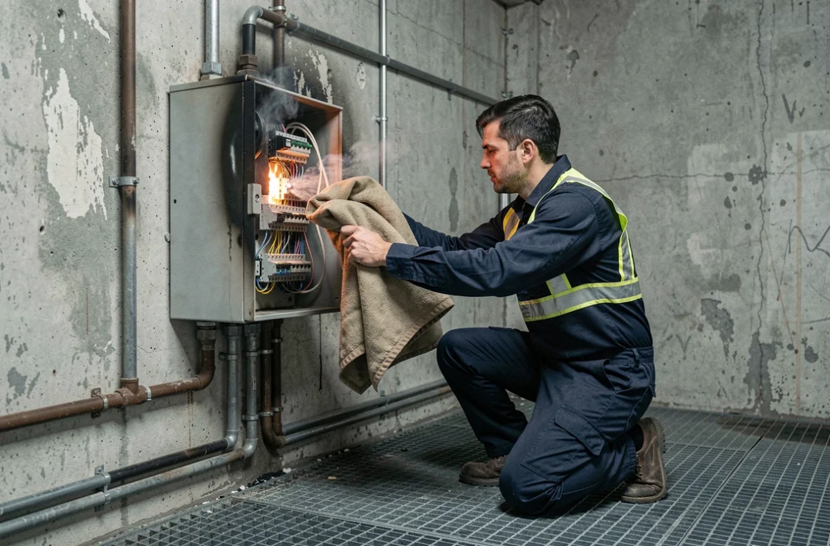 Électricien utilisant une couverture anti-feu face à un tableau électrique en surchauffe