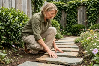 Femme posant des dalles en pierre naturelle pour créer une allée de jardin